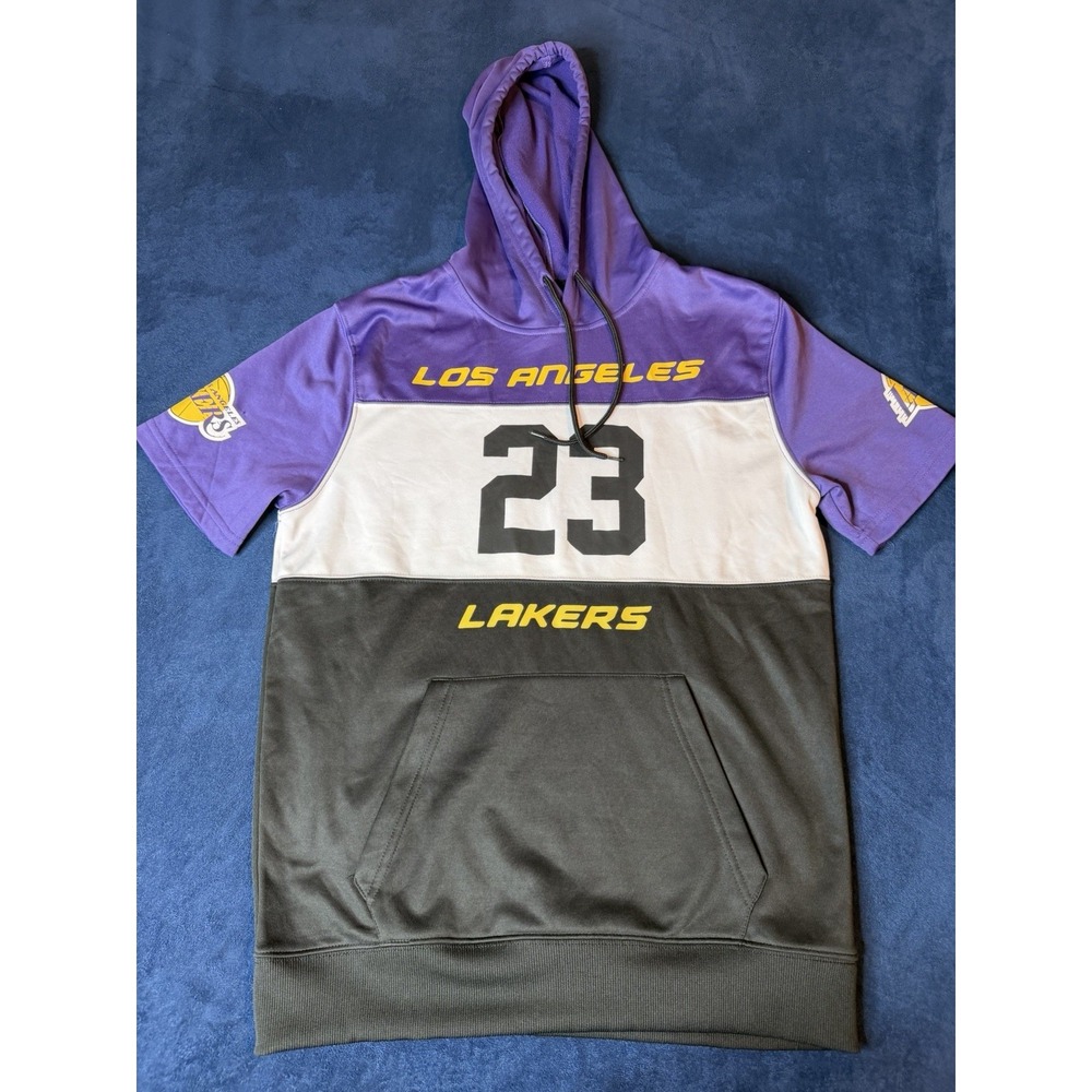 Los Angeles Lakers LeBron James 23 Short Sleeve Hoodie Purple Black Mens Small